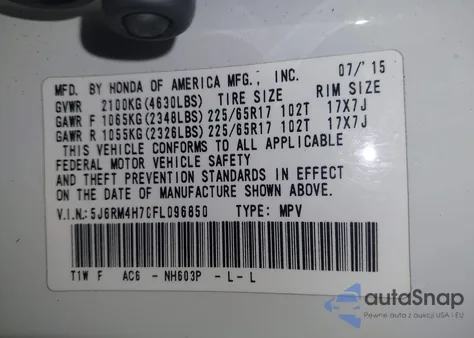 2015 Honda Cr-V Ex-L from USA, damaged, VIN 5J6RM4H70FL096850